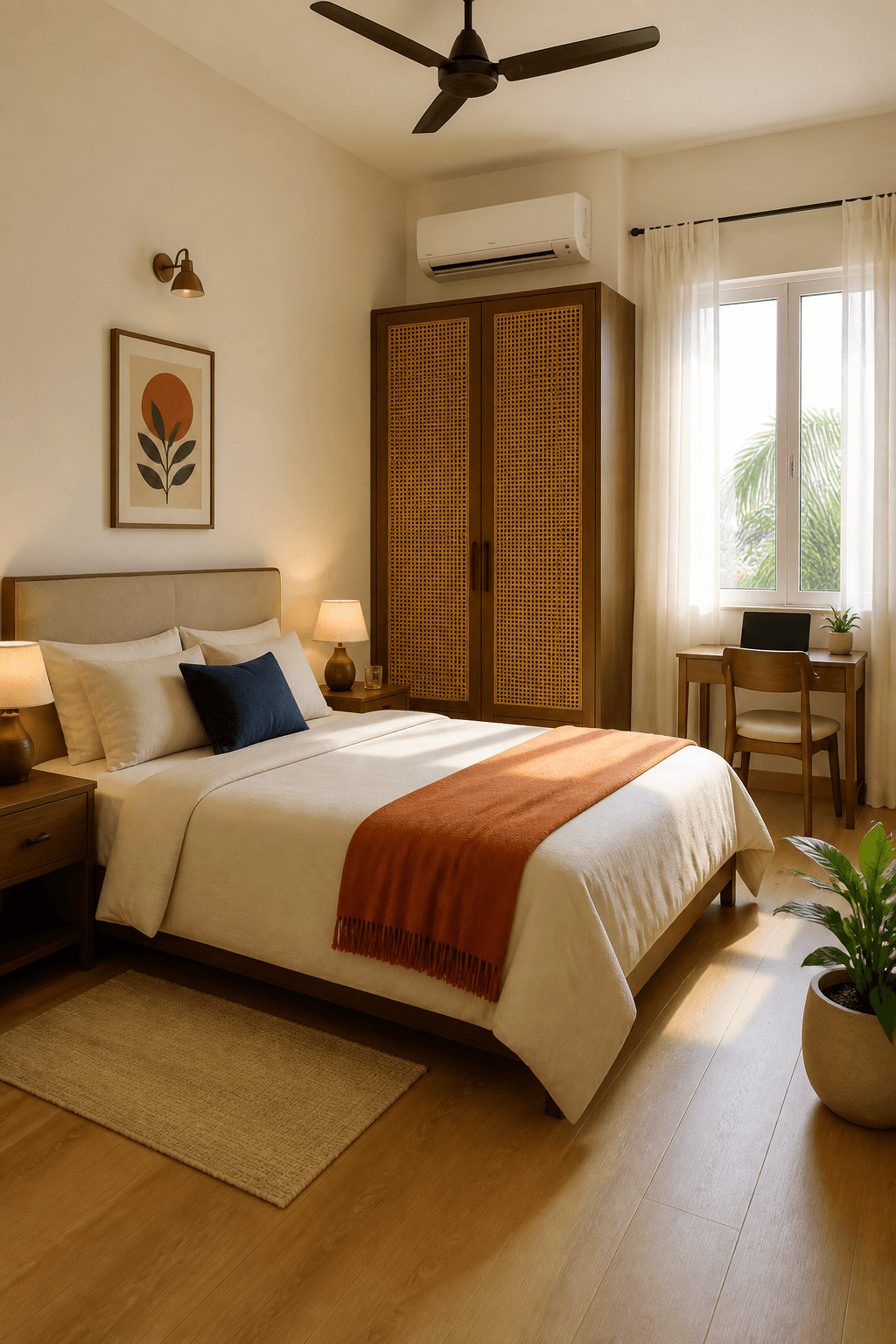 A furnished bedroom with bed, wardrobe, study desk and air conditioner
