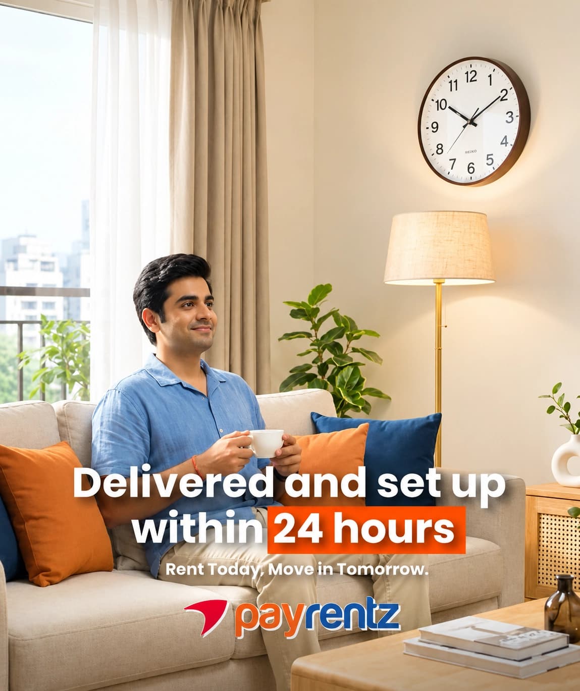Customer relaxing in a furnished living room with payrentz rentals
